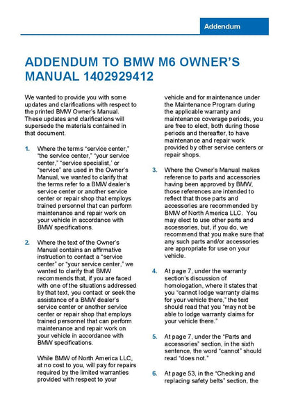 BMW 6 Series M6 Gran Coupe F06 2012-2018 Owners Manual - English