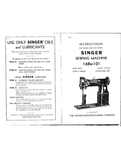 Singer 168W101 Sewing Machine Instruction Manual - User Manual - Complete User Guide - English