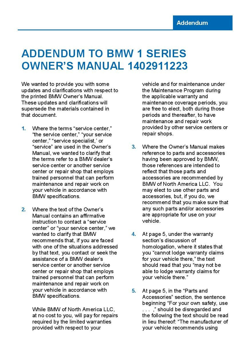 BMW 1 Series E82 - E88 Coupe - Convertible 2005-2011 Owners Manual - English