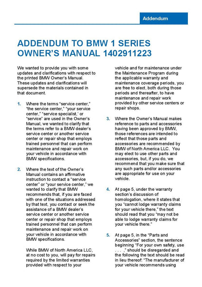 BMW 1 Series E82 - E88 Coupe - Convertible 2005-2011 Owners Manual - English