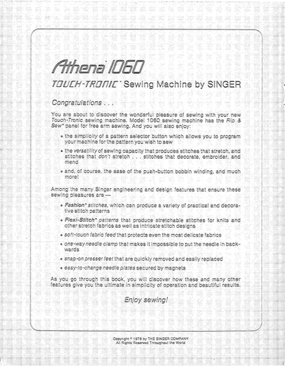 Singer 1060 ATHENA Sewing Machine Instruction Manual - User Manual - Complete User Guide - English