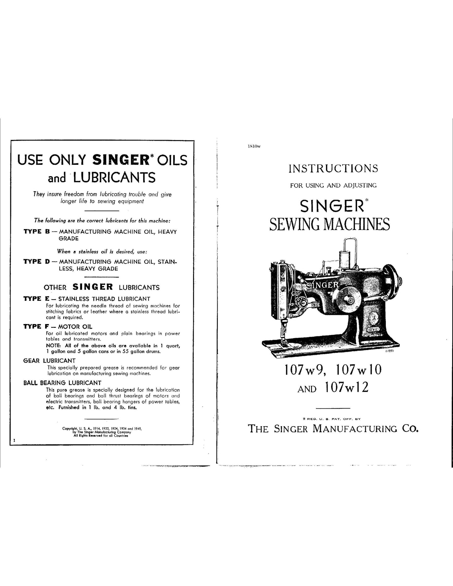 Singer 107W9 - 107W10 - 107W12 Sewing Machine Instruction Manual - User Manual - Complete User Guide - English