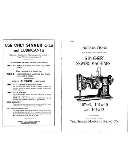 Singer 107W9 - 107W10 - 107W12 Sewing Machine Instruction Manual - User Manual - Complete User Guide - English