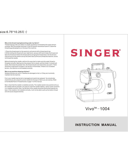 Singer 1004 Vivo Sewing Machine Instruction Manual - User Manual - Complete User Guide - English