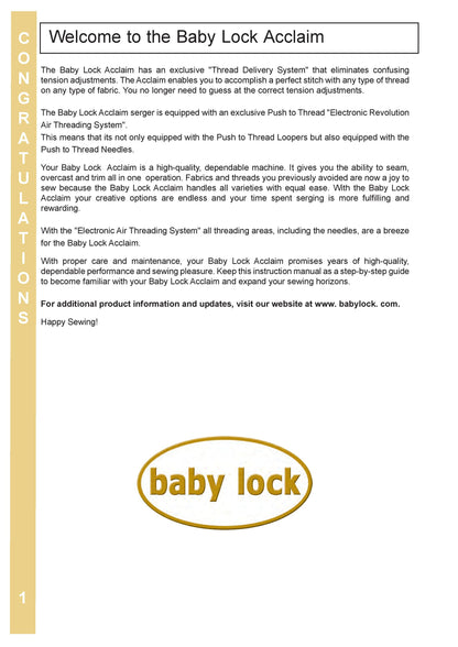 Baby Lock Acclaim BLES4 Sewing Machine Instruction Manual - User Manual - Complete User Guide - English