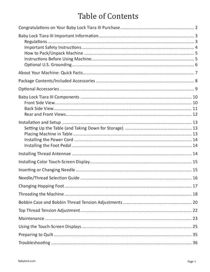 Baby Lock Tiara III BLTR16-3 Sewing Machine Instruction Manual - User Manual - Complete User Guide