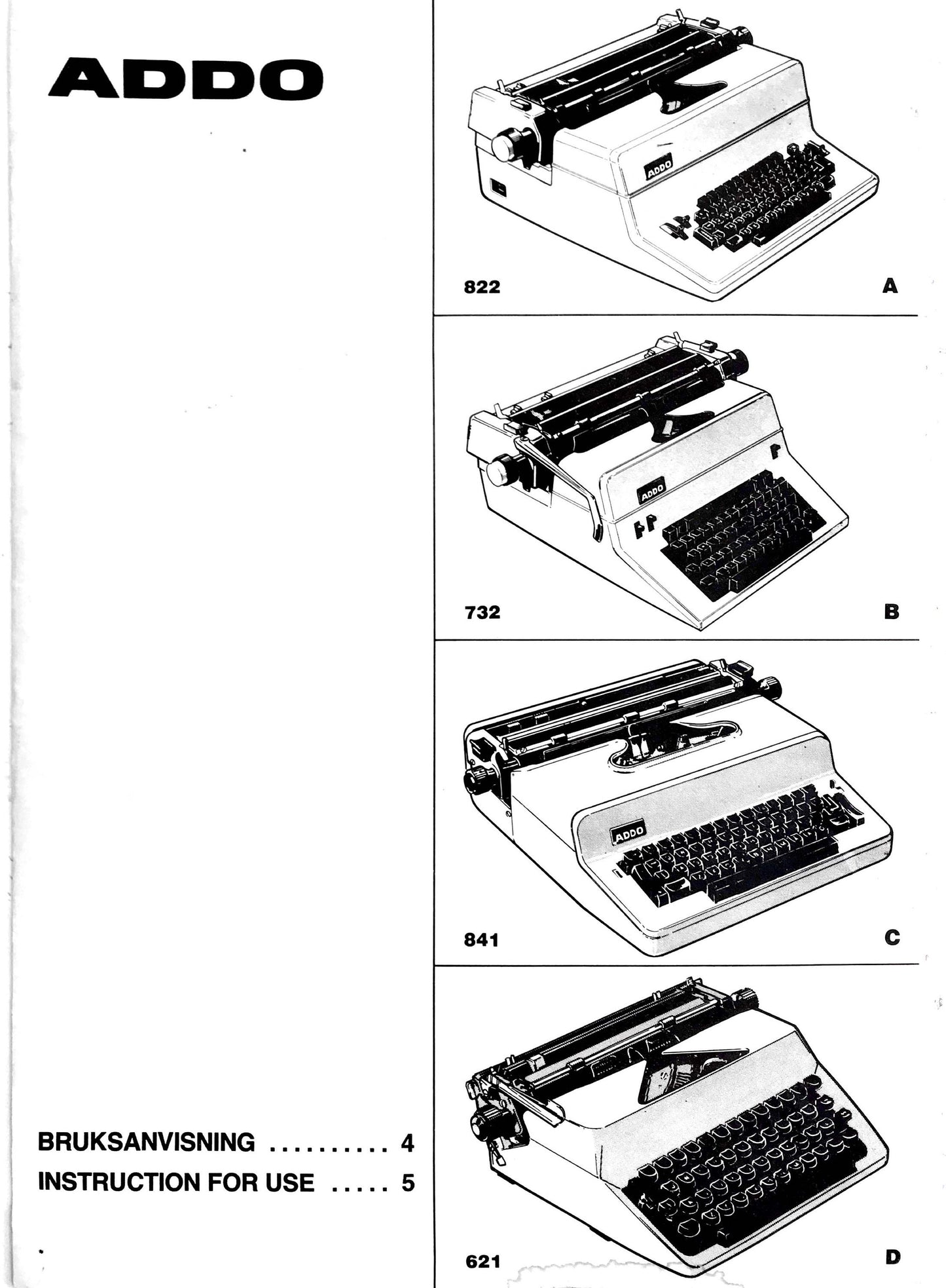 Addo 822, 732, 841, and 621  Typewriter Instruction Manual - User Manual - Complete User Guide