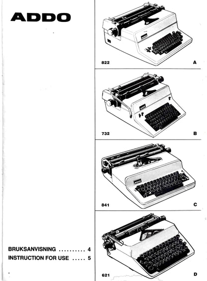 Addo 822, 732, 841, and 621  Typewriter Instruction Manual - User Manual - Complete User Guide