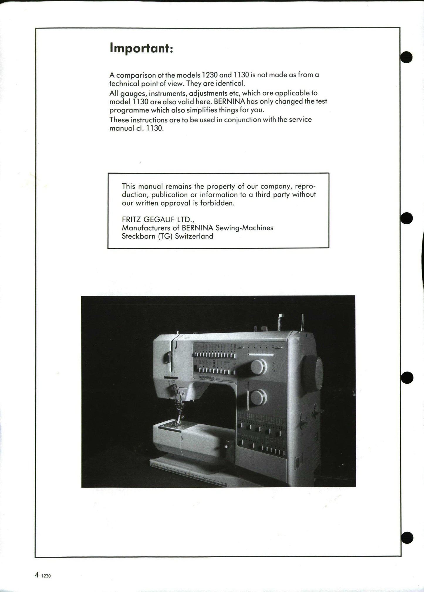 Bernina 1230 Sewing Machine Service Manual - Workshop Manual - English