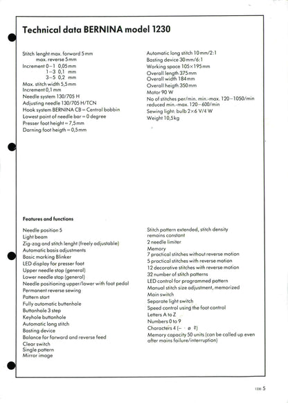 Bernina 1230 Sewing Machine Service Manual - Workshop Manual - English