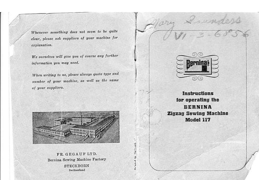 Bernina 117 Sewing Machine Instruction Manual - User Manual - Complete User Guide - English